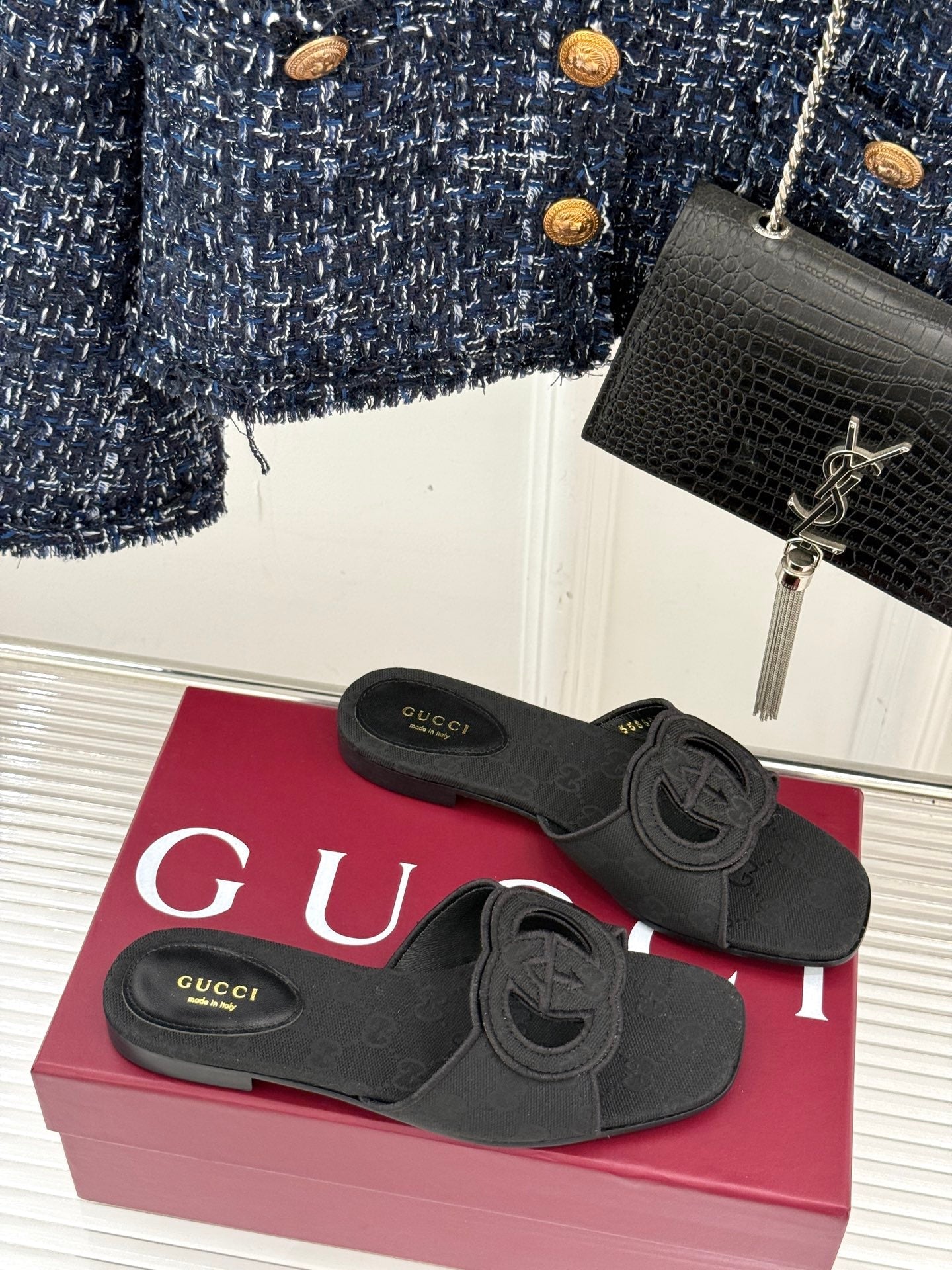 SLIDE SANDALS IN BLACK FABRIC EMBOSSED LOGO STYLE 1 mysite