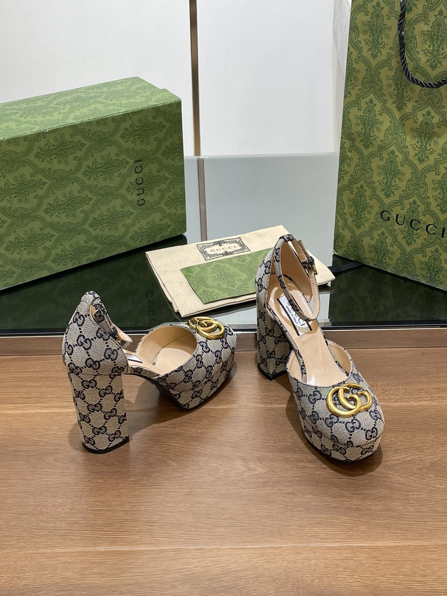 GG HIGH SANDAL 11.5 CM IN BLACK MIX BEIGE MONOGRAM JACQUARD FABRIC mysite