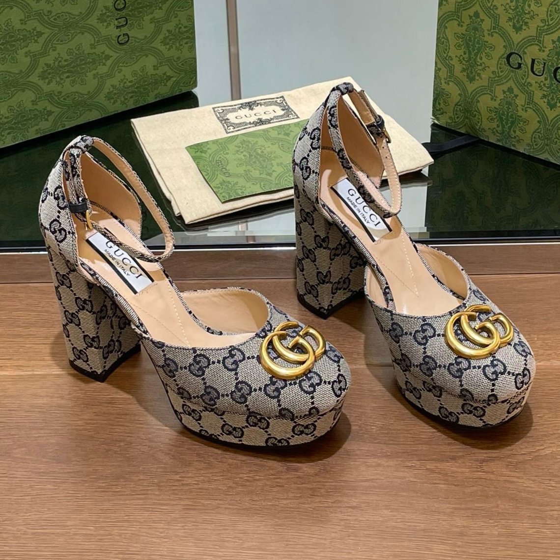 GG HIGH SANDAL 11.5 CM IN BLACK MIX BEIGE MONOGRAM JACQUARD FABRIC mysite