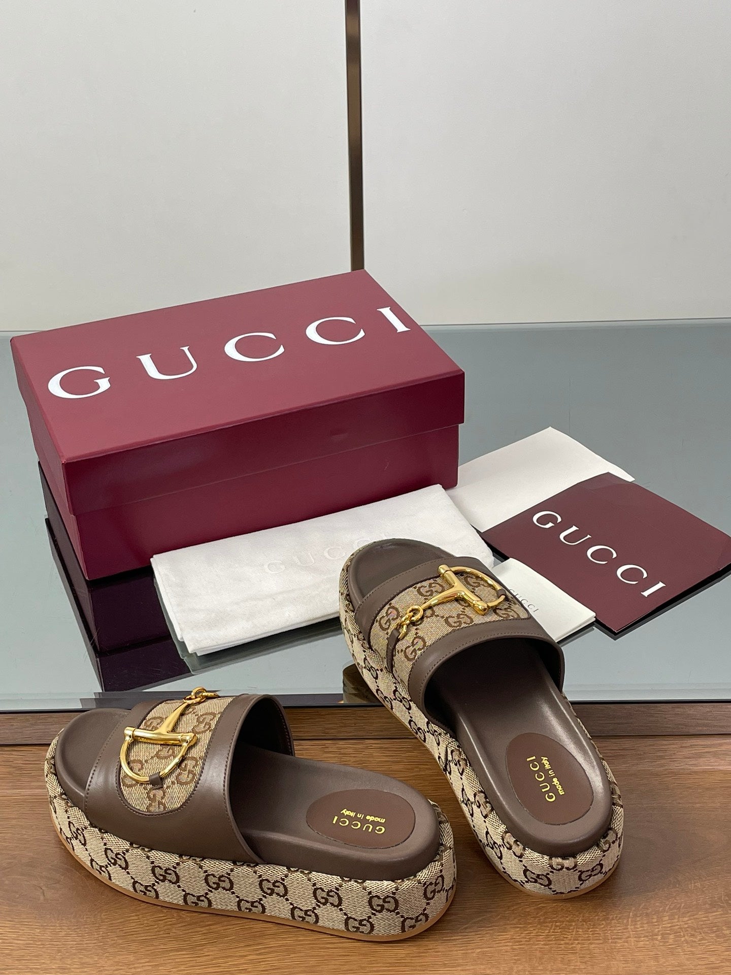 HIGH 5.5 CM WEDGE SANDALS IN BROWN MIX BEIGE CALFSKIN AND FABRIC mysite