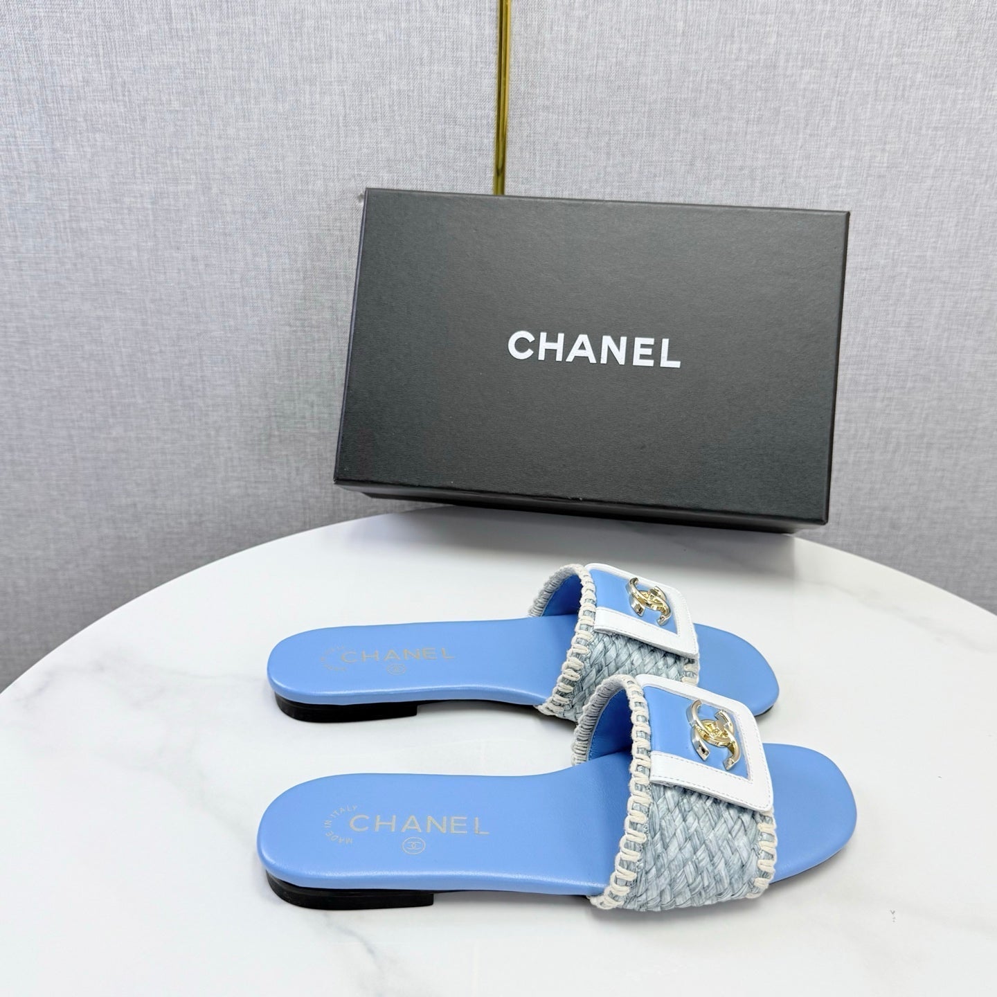 26S WOVEN STRAP SLIDES IN SKY BLUE LAMBSKIN mysite