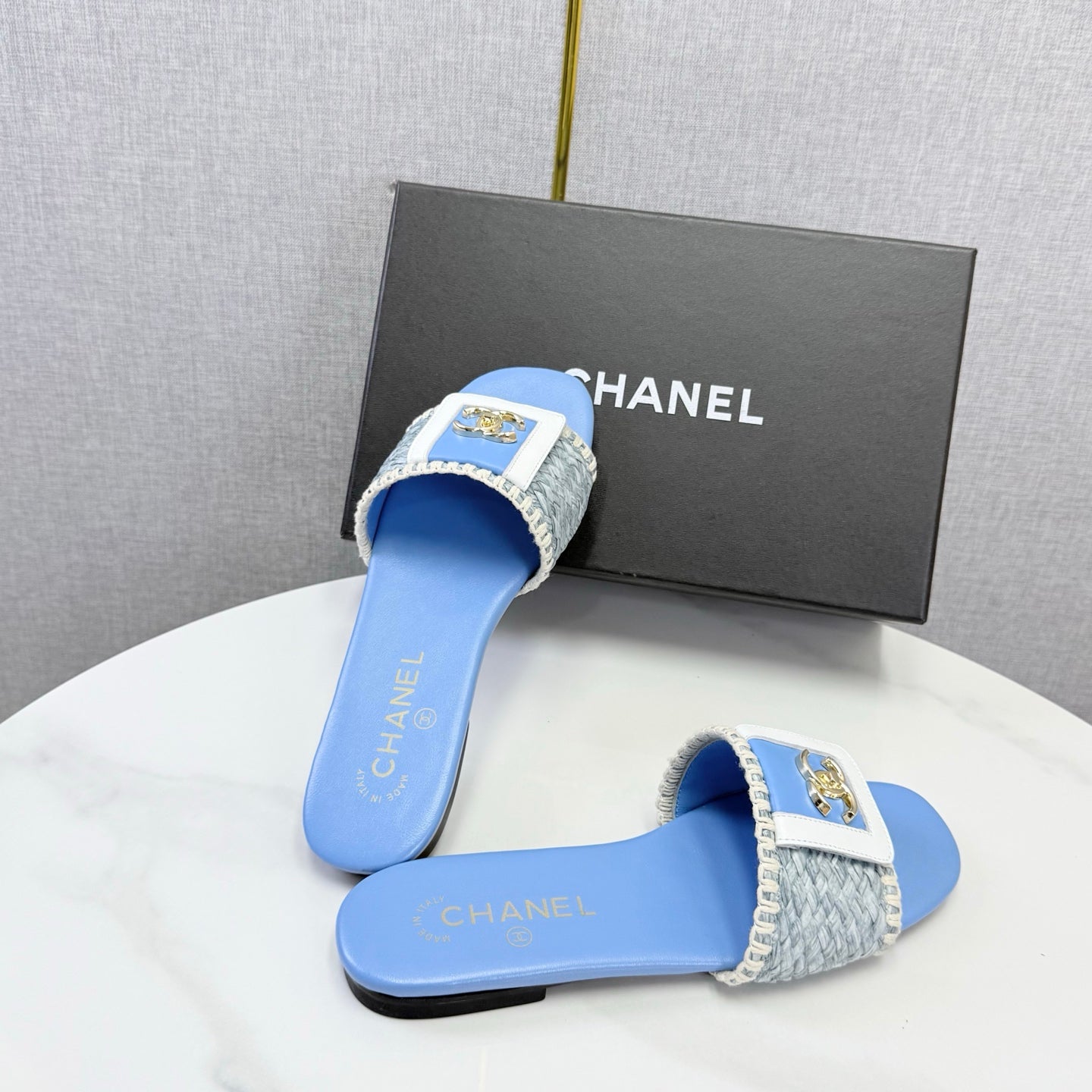 26S WOVEN STRAP SLIDES IN SKY BLUE LAMBSKIN mysite