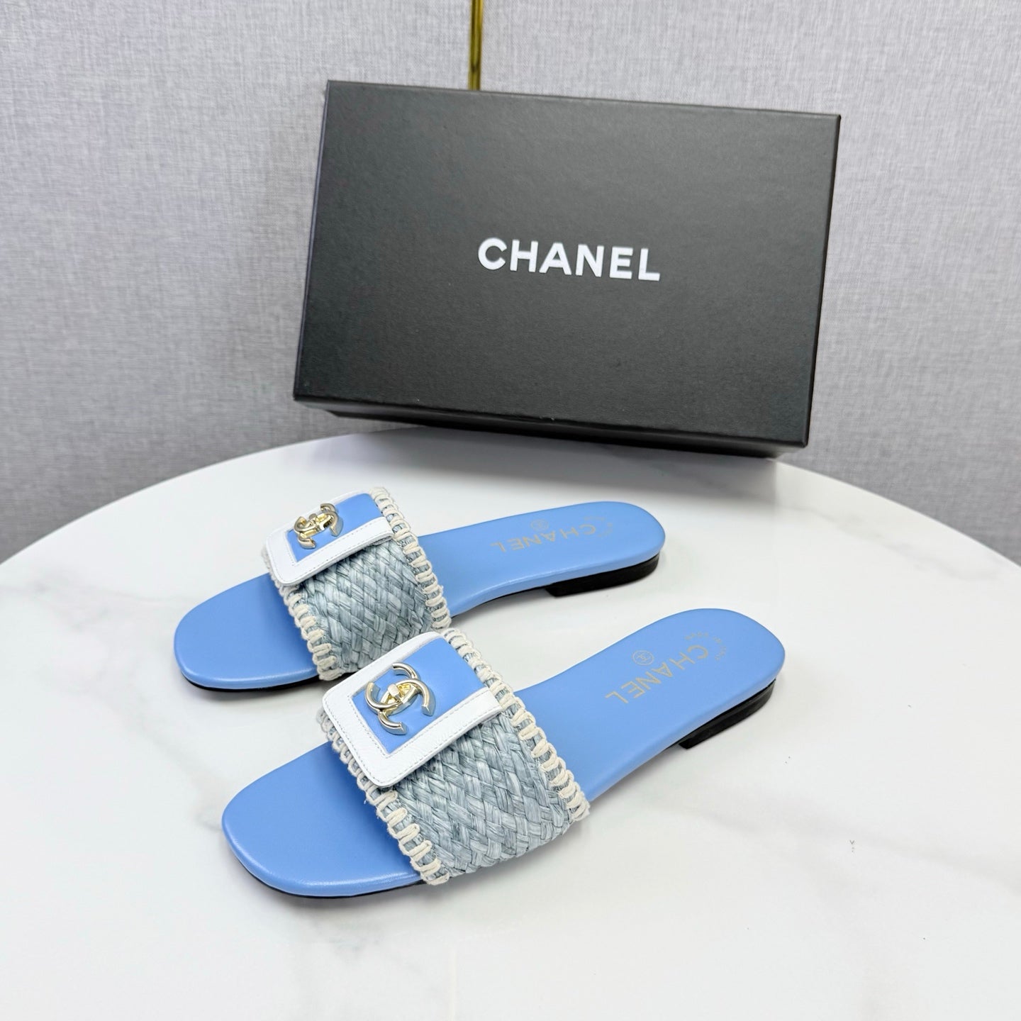 26S WOVEN STRAP SLIDES IN SKY BLUE LAMBSKIN mysite