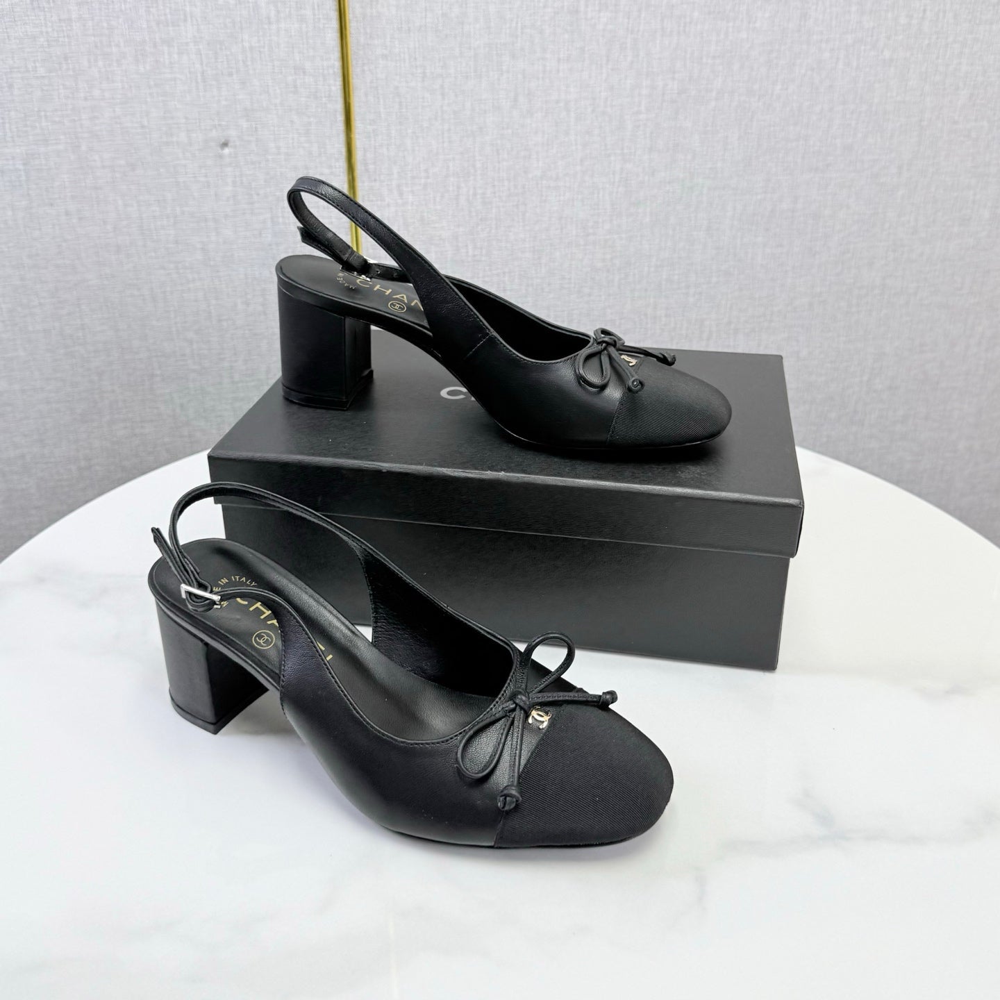CHANEL 26S SLINGBACK HEELS 45 MM IN BLACK LAMBSKIN AND FABRIC mysite
