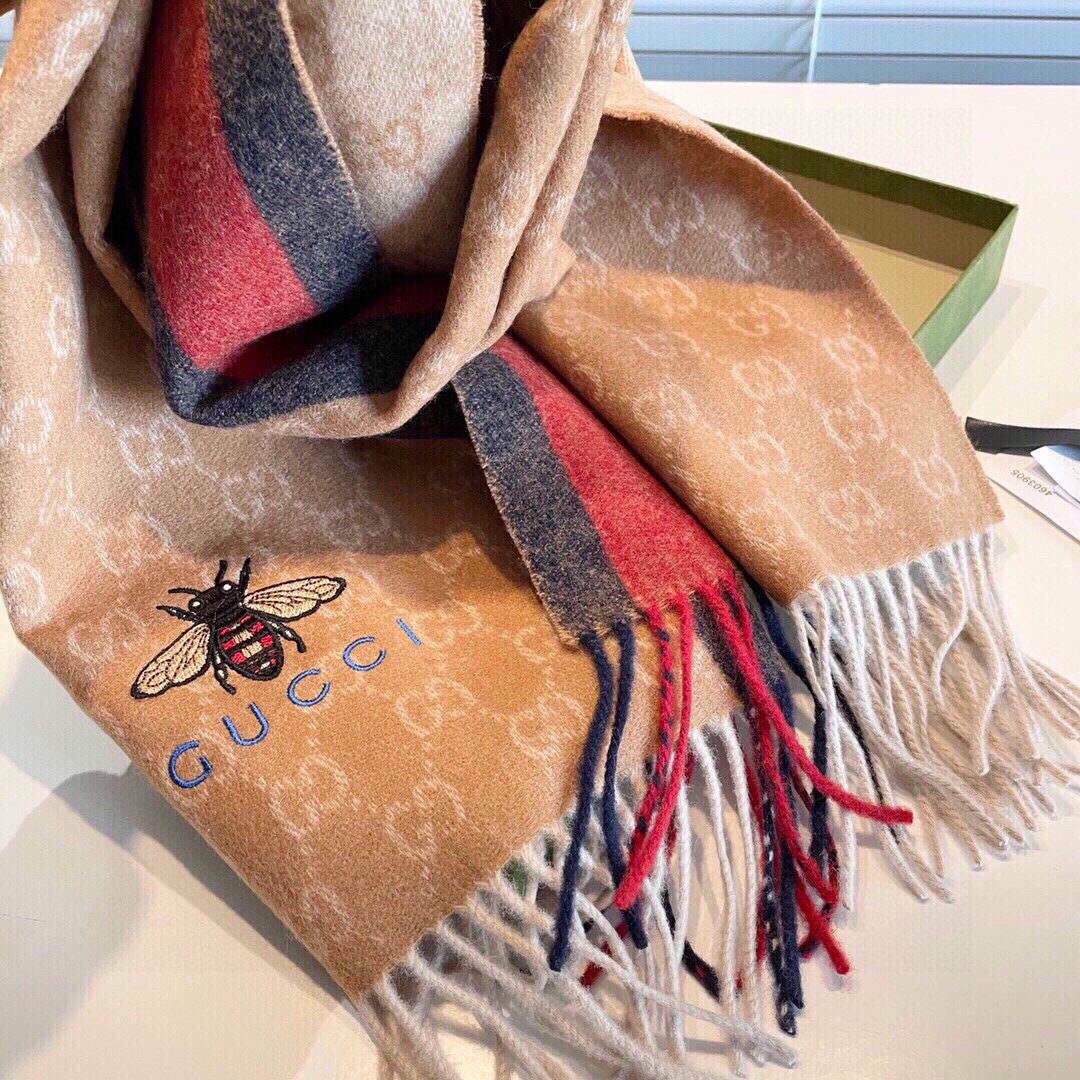 STRIPED SCARF 200 CM IN TAWNY BROWN CASHMERE WITH EMBROIDERED BEE 398532 mysite