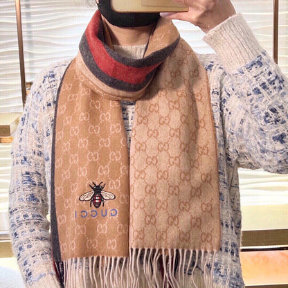 STRIPED SCARF 200 CM IN TAWNY BROWN CASHMERE WITH EMBROIDERED BEE 398532 mysite