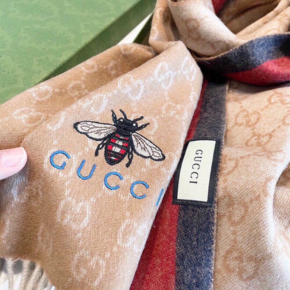 STRIPED SCARF 200 CM IN TAWNY BROWN CASHMERE WITH EMBROIDERED BEE 398532 mysite