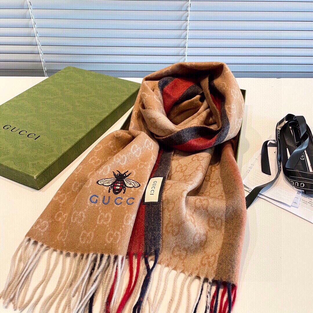 STRIPED SCARF 200 CM IN TAWNY BROWN CASHMERE WITH EMBROIDERED BEE 398532 mysite