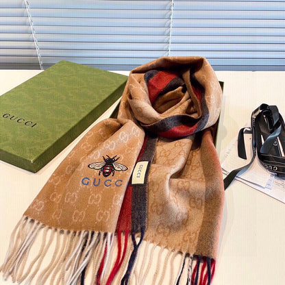 STRIPED SCARF 200 CM IN TAWNY BROWN CASHMERE WITH EMBROIDERED BEE 398532 mysite