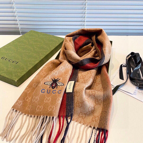 STRIPED SCARF 200 CM IN TAWNY BROWN CASHMERE WITH EMBROIDERED BEE 398532 mysite