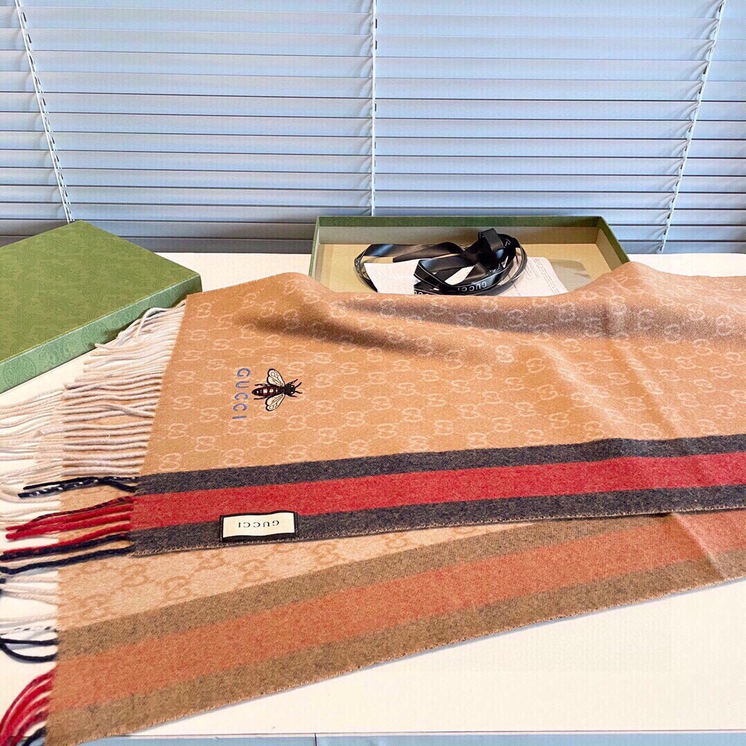 STRIPED SCARF 200 CM IN TAWNY BROWN CASHMERE WITH EMBROIDERED BEE 398532 mysite