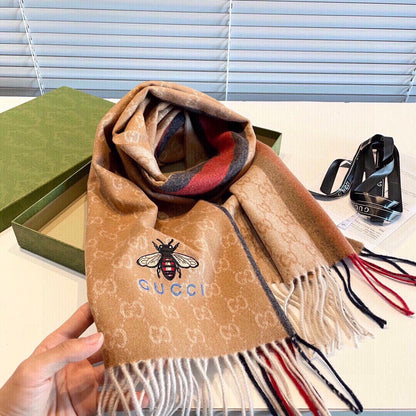 STRIPED SCARF 200 CM IN TAWNY BROWN CASHMERE WITH EMBROIDERED BEE 398532 mysite