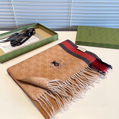 STRIPED SCARF 200 CM IN TAWNY BROWN CASHMERE WITH EMBROIDERED BEE 398532 mysite