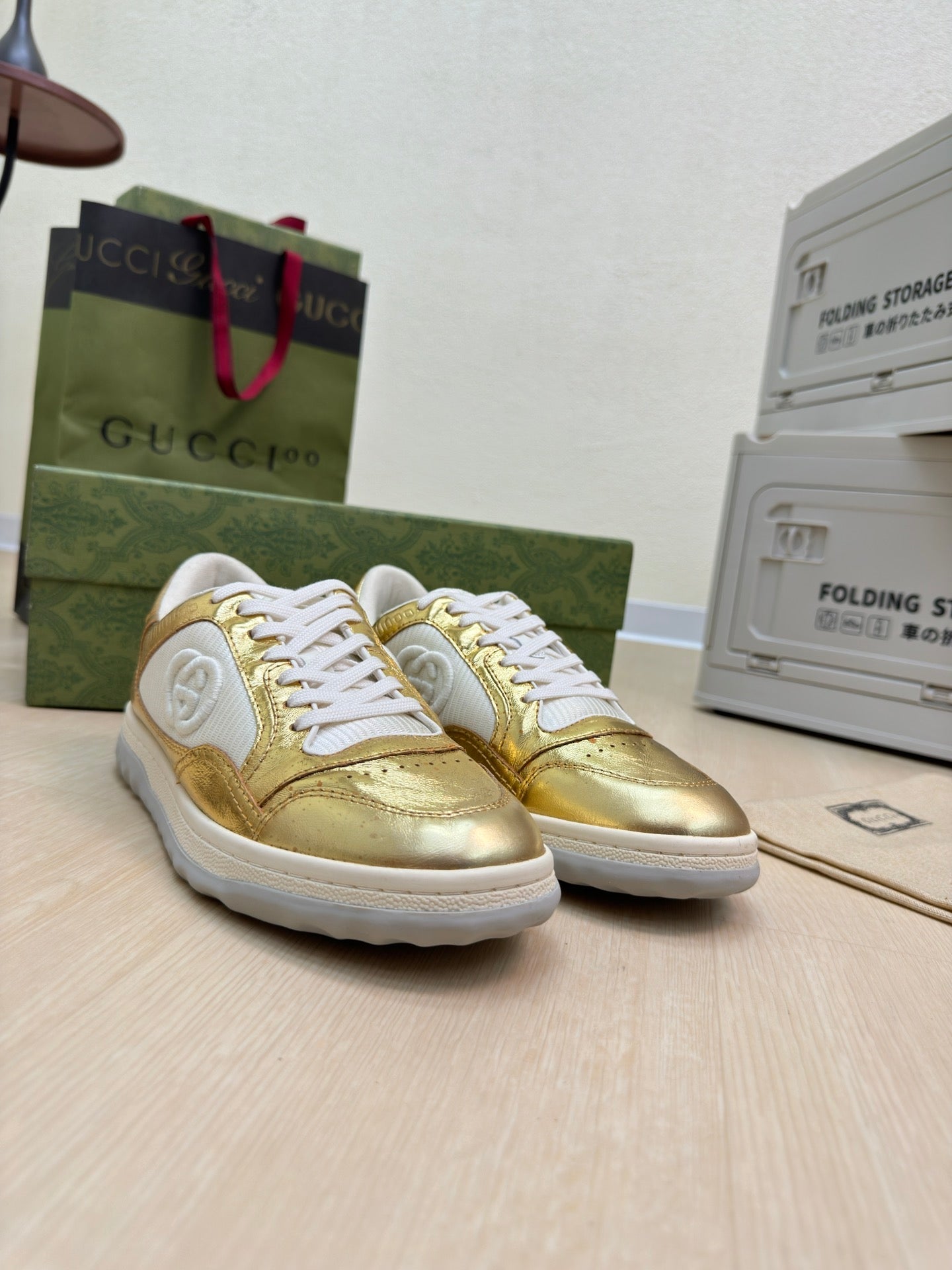 GG INTERLOCKING G SNEAKER GOLD CALFSKIN AND FABRIC mysite