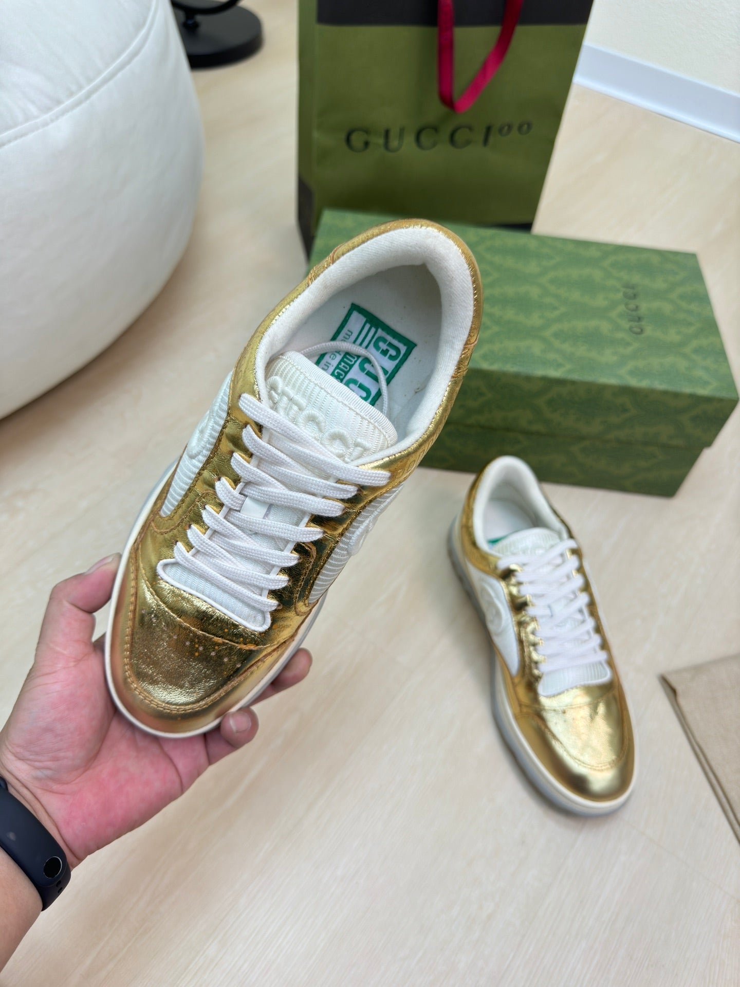 GG INTERLOCKING G SNEAKER GOLD CALFSKIN AND FABRIC mysite