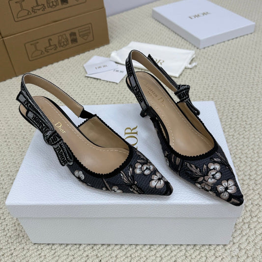 DIOR HIGH SLINGBACK 65 MM 25S IN BLACK FABRIC AND FLORAL PATTERN mysite