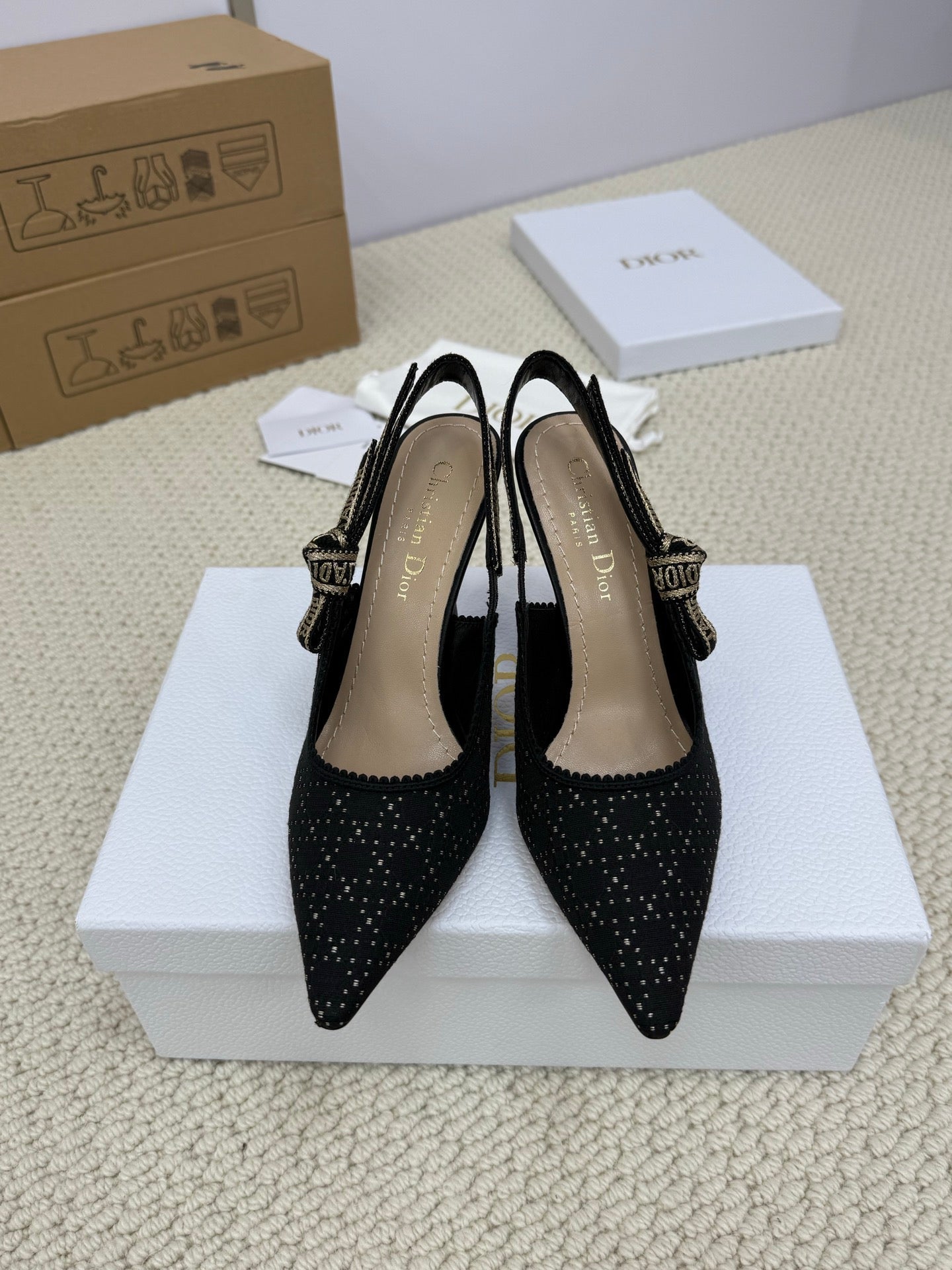 DIOR HIGH SLINGBACK 100 MM 25S IN BLACK FABRIC AND BRAND NAME EMBROIDERY mysite