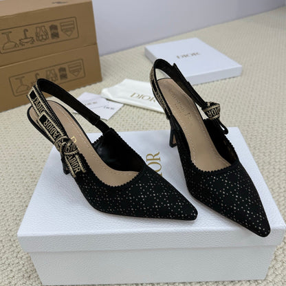 DIOR HIGH SLINGBACK 100 MM 25S IN BLACK FABRIC AND BRAND NAME EMBROIDERY mysite