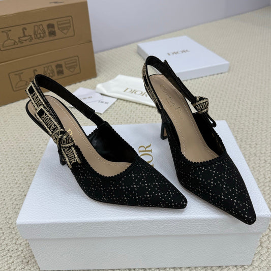 DIOR HIGH SLINGBACK 100 MM 25S IN BLACK FABRIC AND BRAND NAME EMBROIDERY mysite