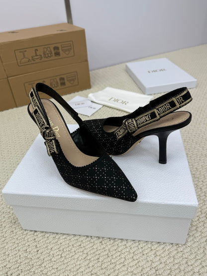 DIOR HIGH SLINGBACK 100 MM 25S IN BLACK FABRIC AND BRAND NAME EMBROIDERY mysite