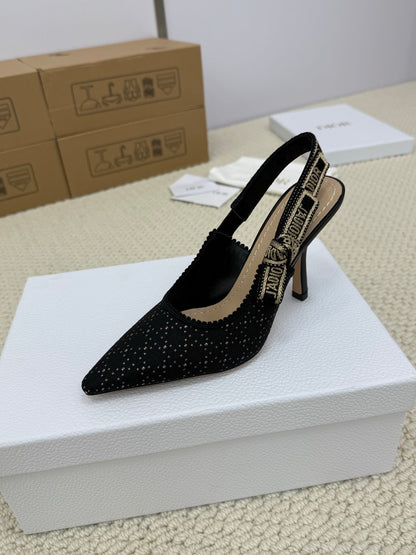 DIOR HIGH SLINGBACK 100 MM 25S IN BLACK FABRIC AND BRAND NAME EMBROIDERY mysite