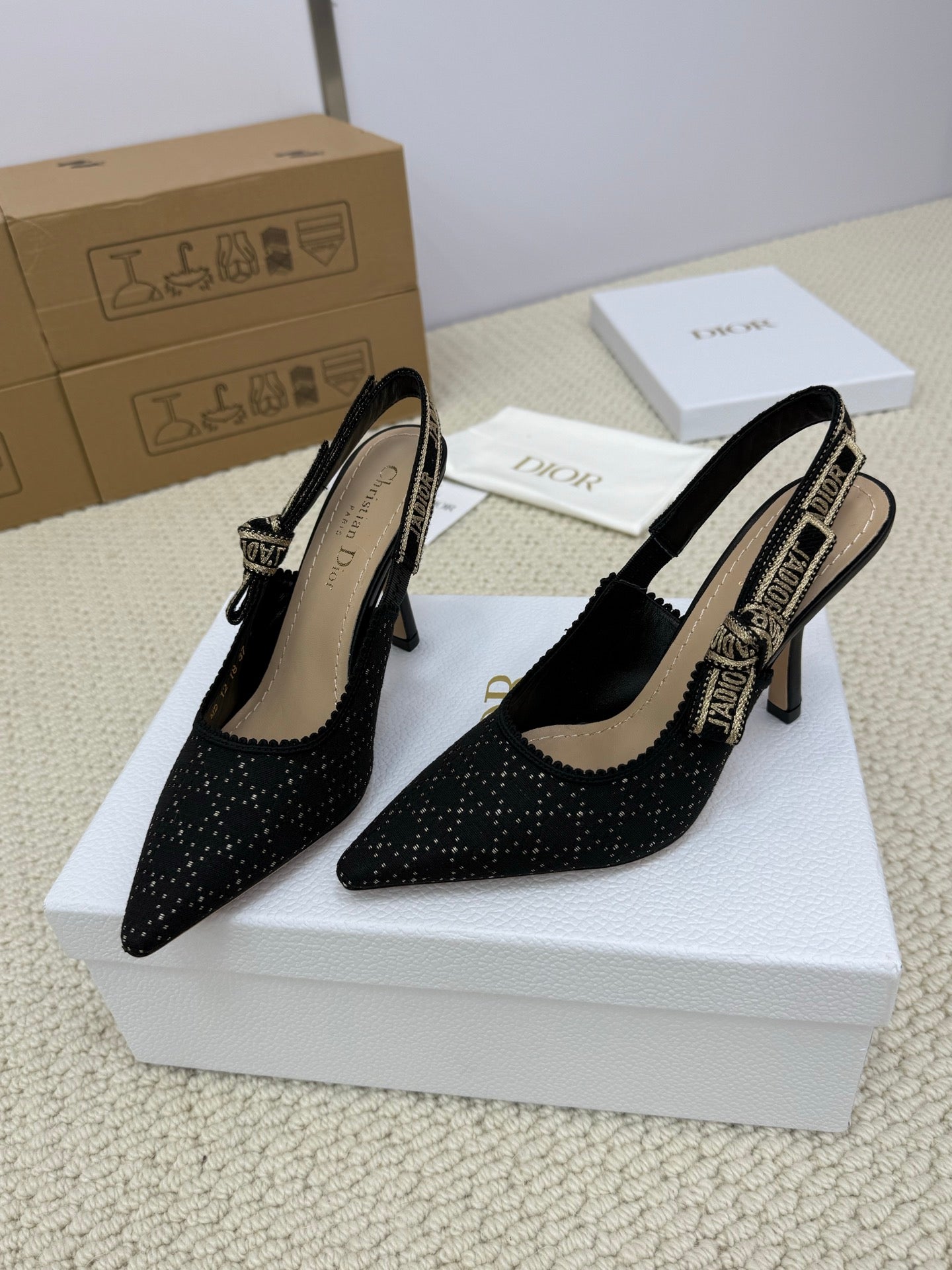 DIOR HIGH SLINGBACK 100 MM 25S IN BLACK FABRIC AND BRAND NAME EMBROIDERY mysite