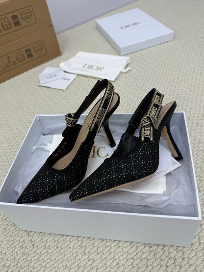 DIOR HIGH SLINGBACK 100 MM 25S IN BLACK FABRIC AND BRAND NAME EMBROIDERY mysite
