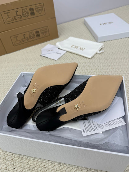 DIOR HIGH SLINGBACK 100 MM 25S IN BLACK FABRIC AND BRAND NAME EMBROIDERY mysite