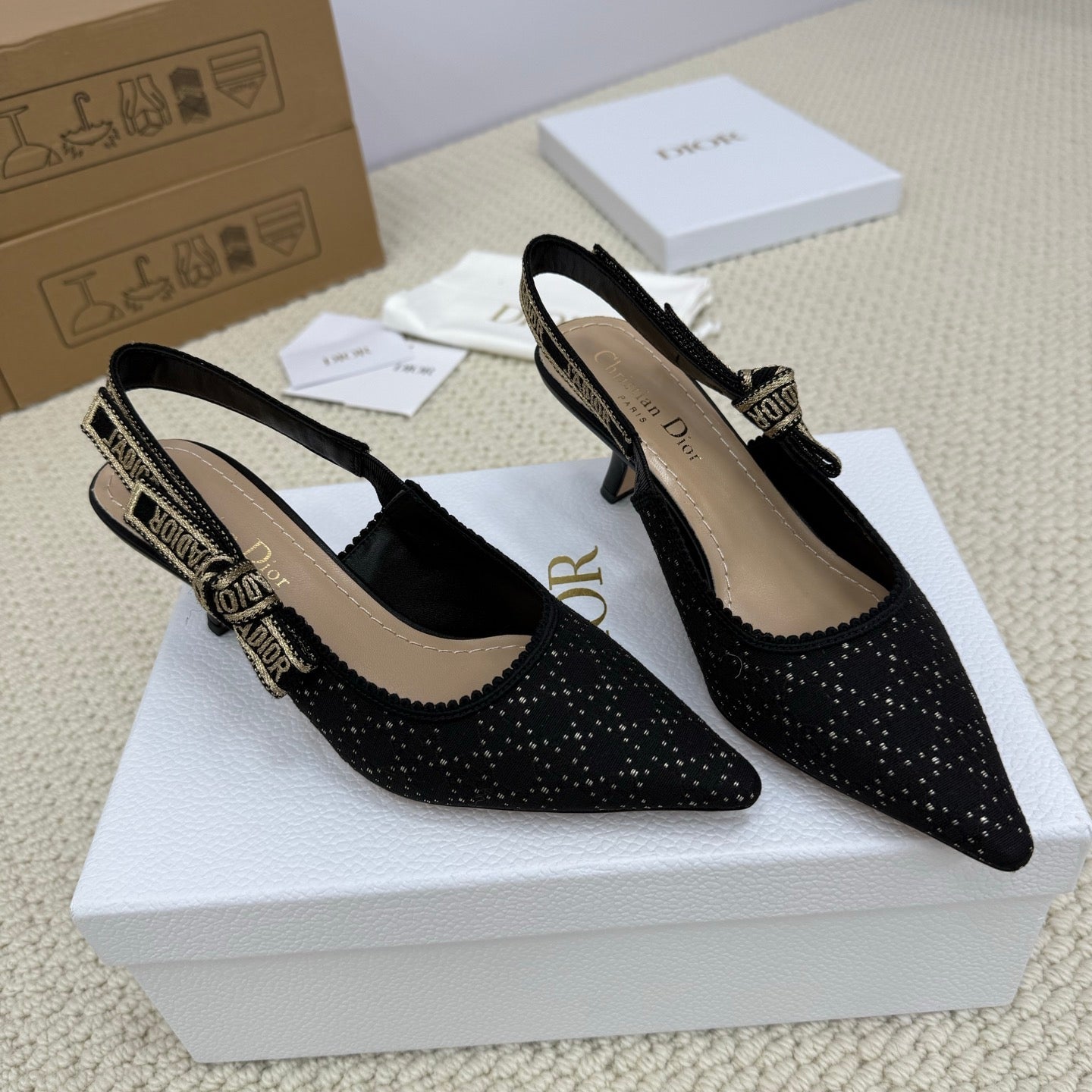 DIOR HIGH SLINGBACK 65 MM 25S IN BLACK FABRIC AND BRAND NAME EMBROIDERY mysite