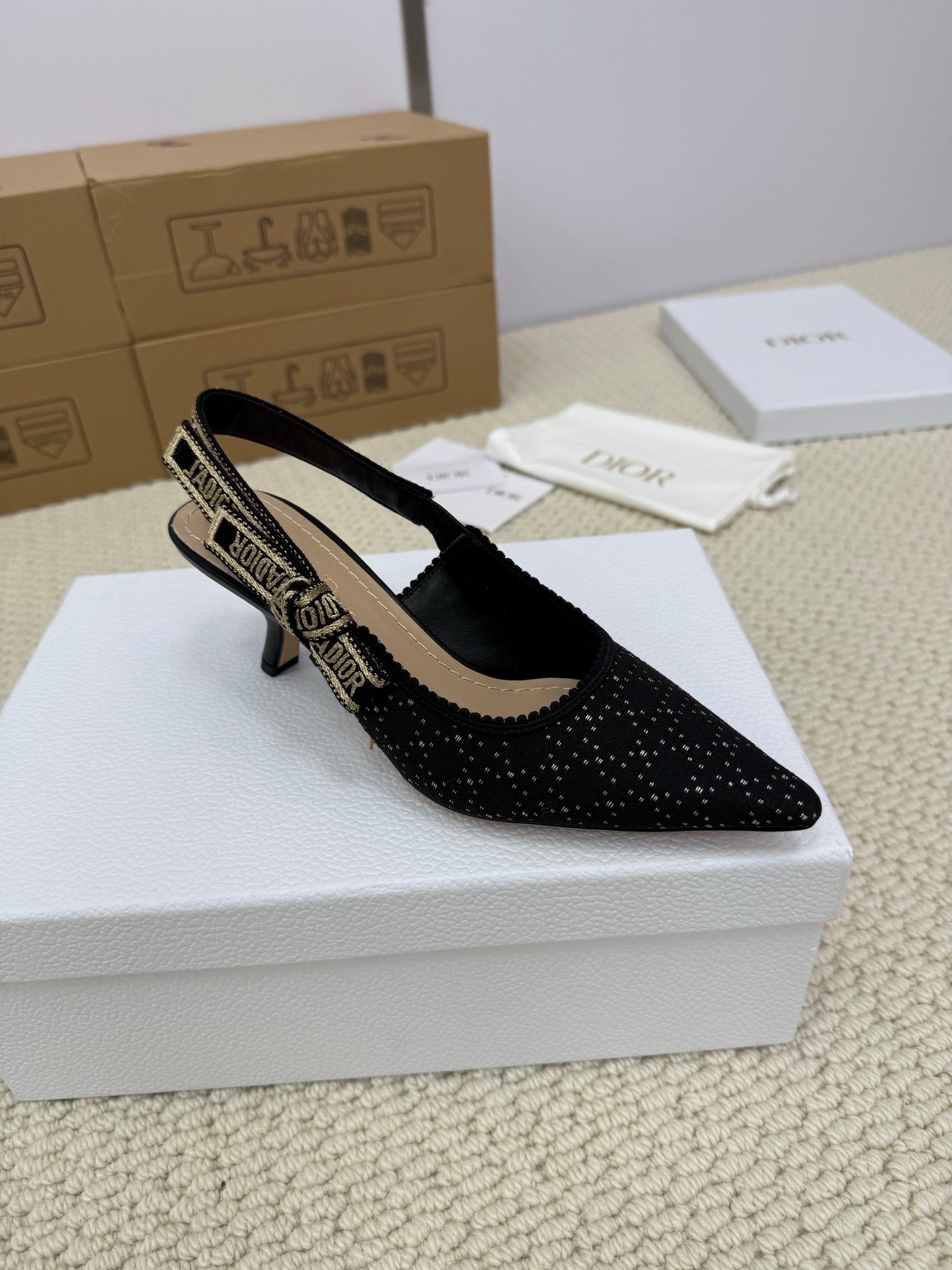 DIOR HIGH SLINGBACK 65 MM 25S IN BLACK FABRIC AND BRAND NAME EMBROIDERY mysite