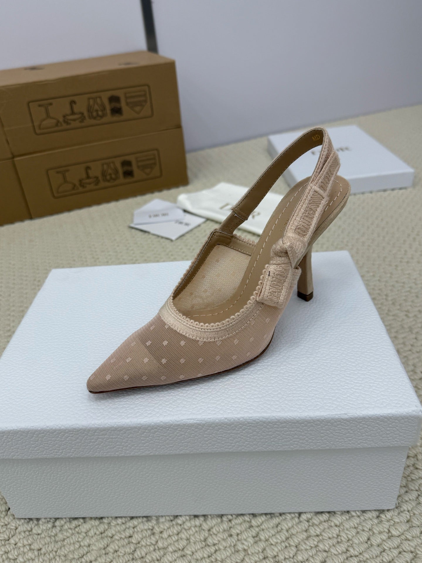 DIOR HIGH SLINGBACK 100 MM 25S IN NUDE LACE NET FABRIC AND SUEDE mysite