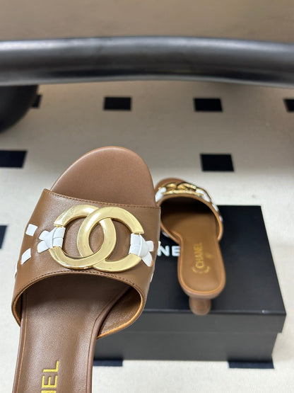CHANEL 26S HIGH HEEL MULE IN BROWN LAMBSKIN WITH GOLD TONE CC LOGO mysite