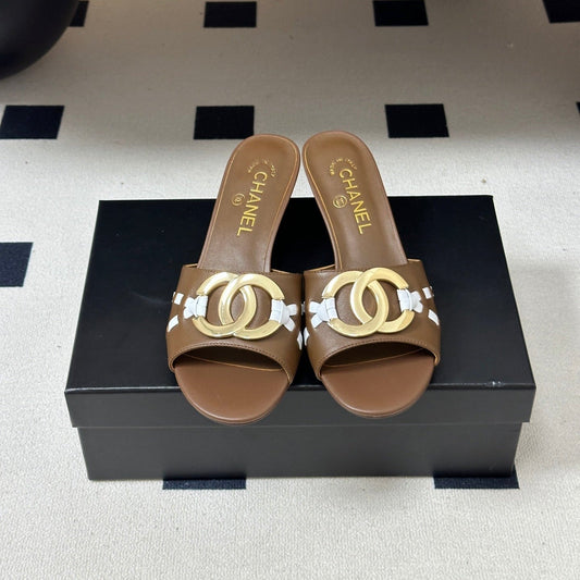 CHANEL 26S HIGH HEEL MULE IN BROWN LAMBSKIN WITH GOLD TONE CC LOGO mysite