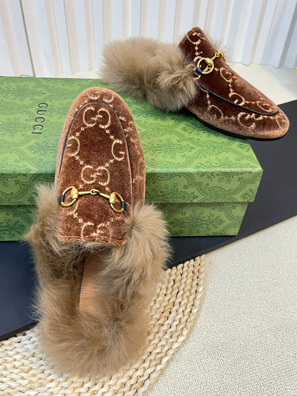 HORSEBIT MULE IN SYRUP BROWN MONOGRAM VELVET AND LAMB WOOL LINING mysite