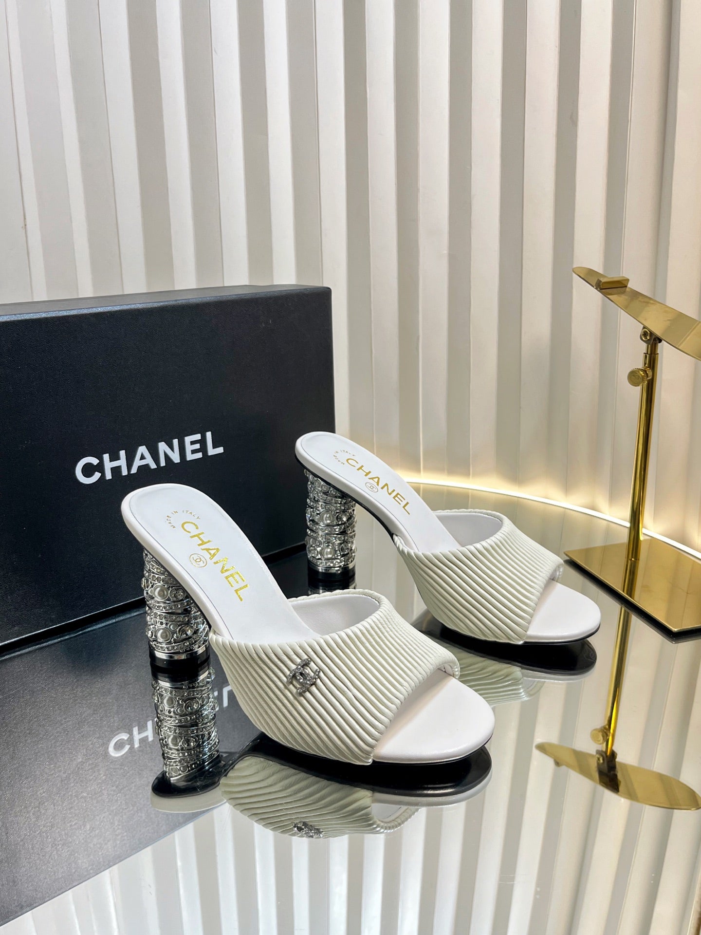 CHANEL 26S EMBELLISHED HEELED SANDALS 80 MM IN WHITE LAMBSKIN mysite
