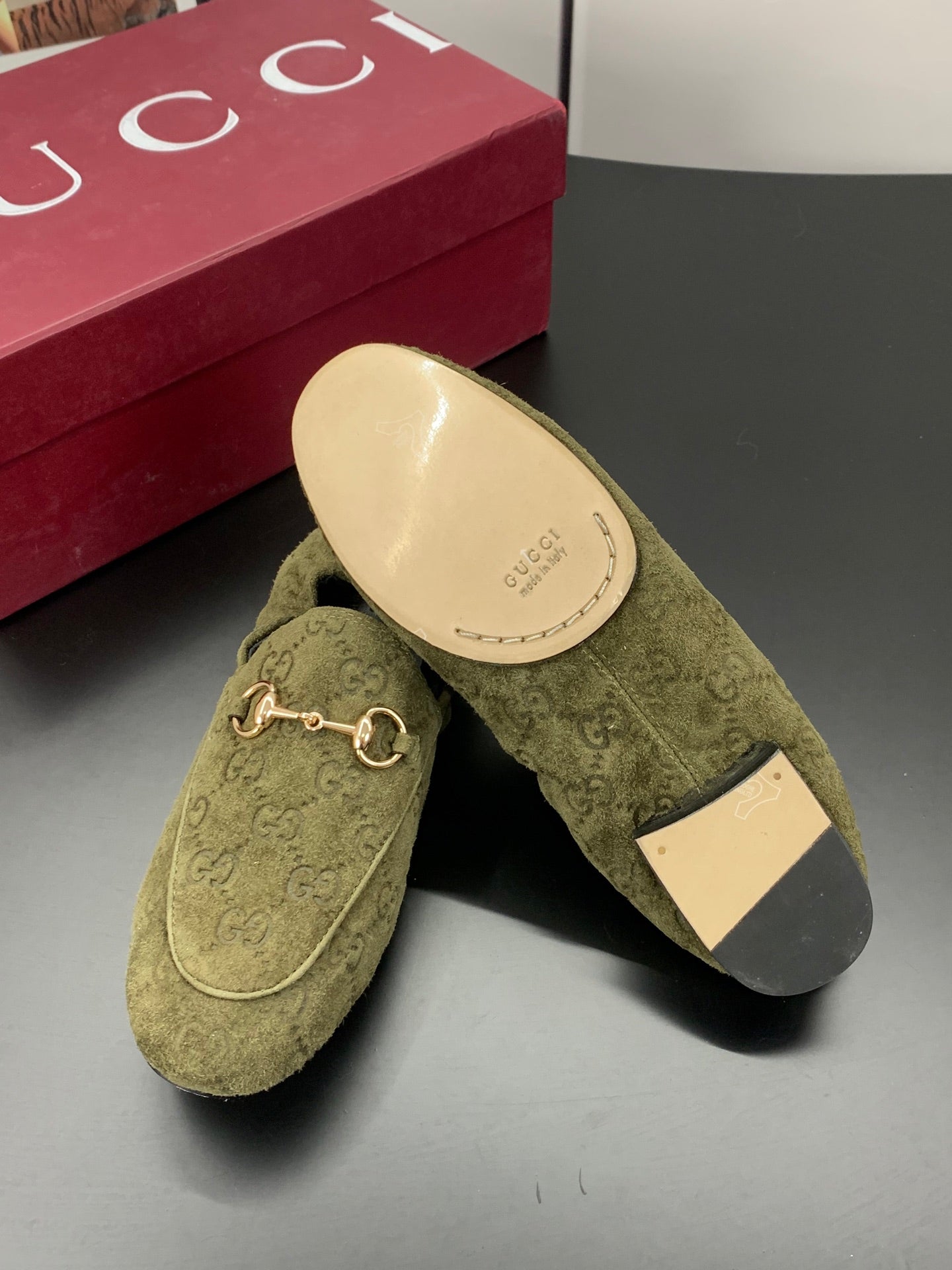 26S LOAFERS IN MOSS GREEN SUEDE WITH GOLD HARDWARE mysite