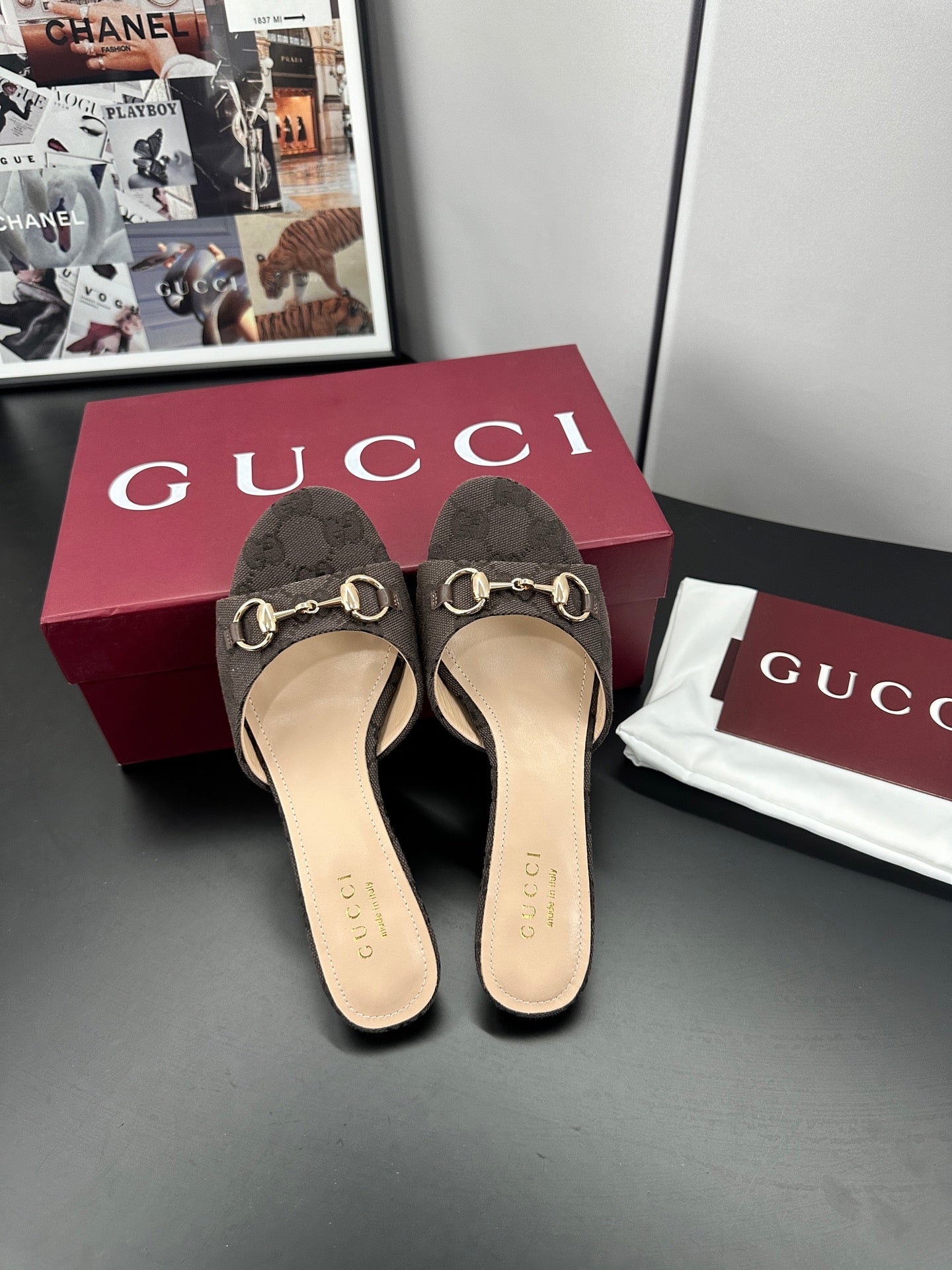 GUCCI 26S HIGH-HEELED SANDALS 50 MM IN DARK BROWN CANVAS mysite