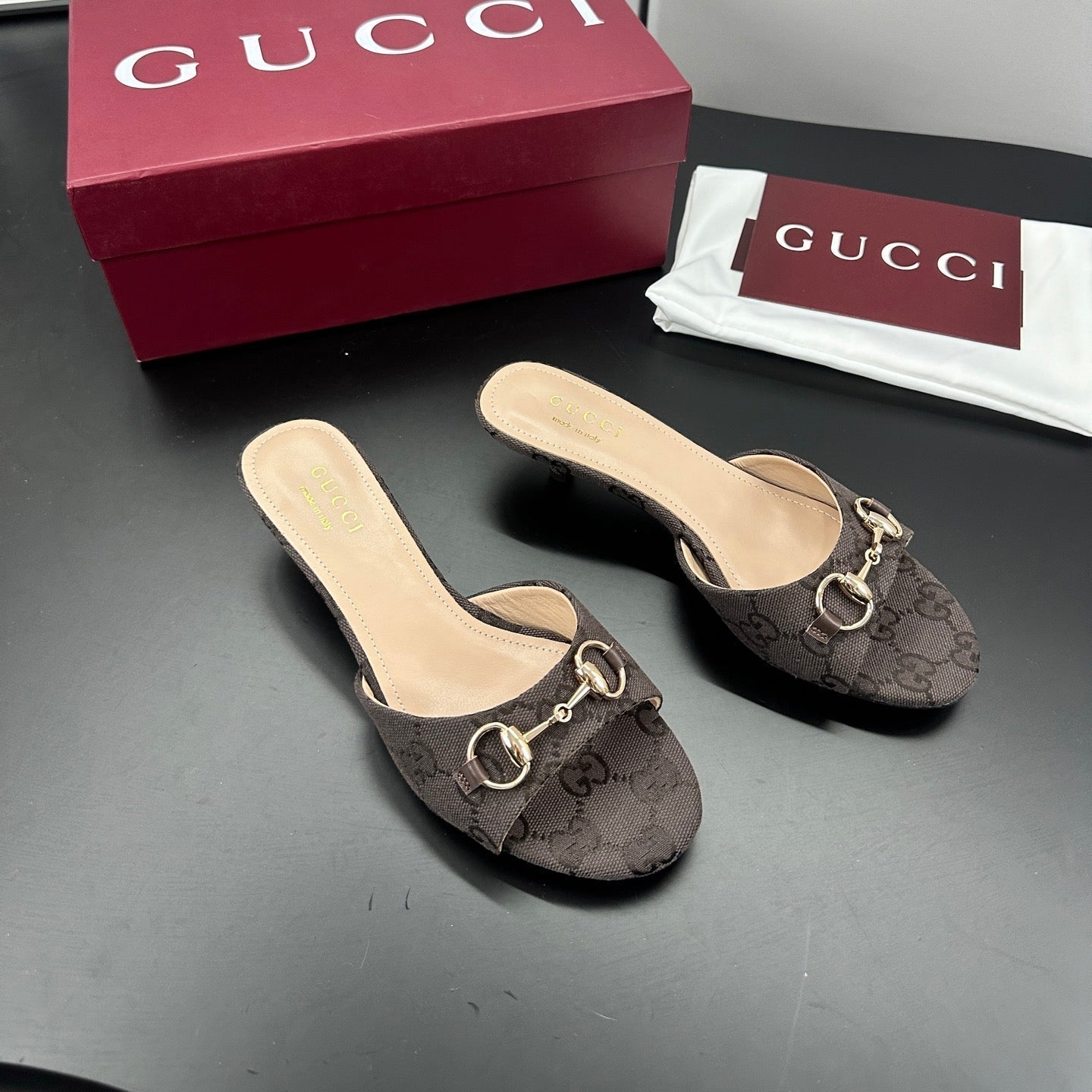 GUCCI 26S HIGH-HEELED SANDALS 50 MM IN DARK BROWN CANVAS mysite