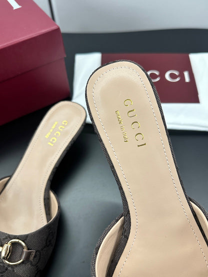 GUCCI 26S HIGH-HEELED SANDALS 50 MM IN DARK BROWN CANVAS mysite