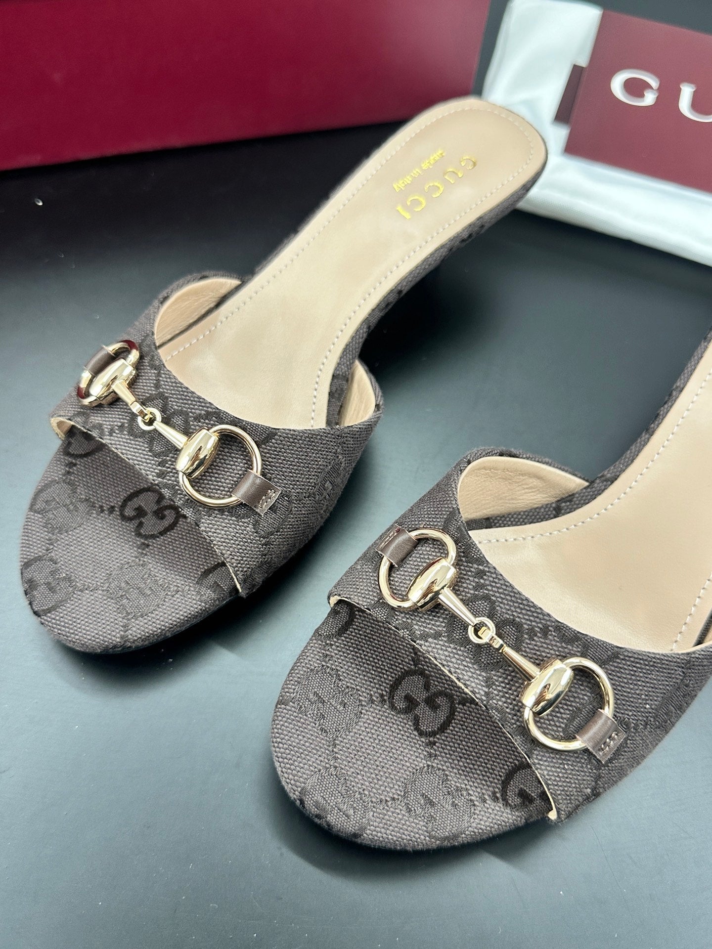 GUCCI 26S HIGH-HEELED SANDALS 50 MM IN DARK BROWN CANVAS mysite