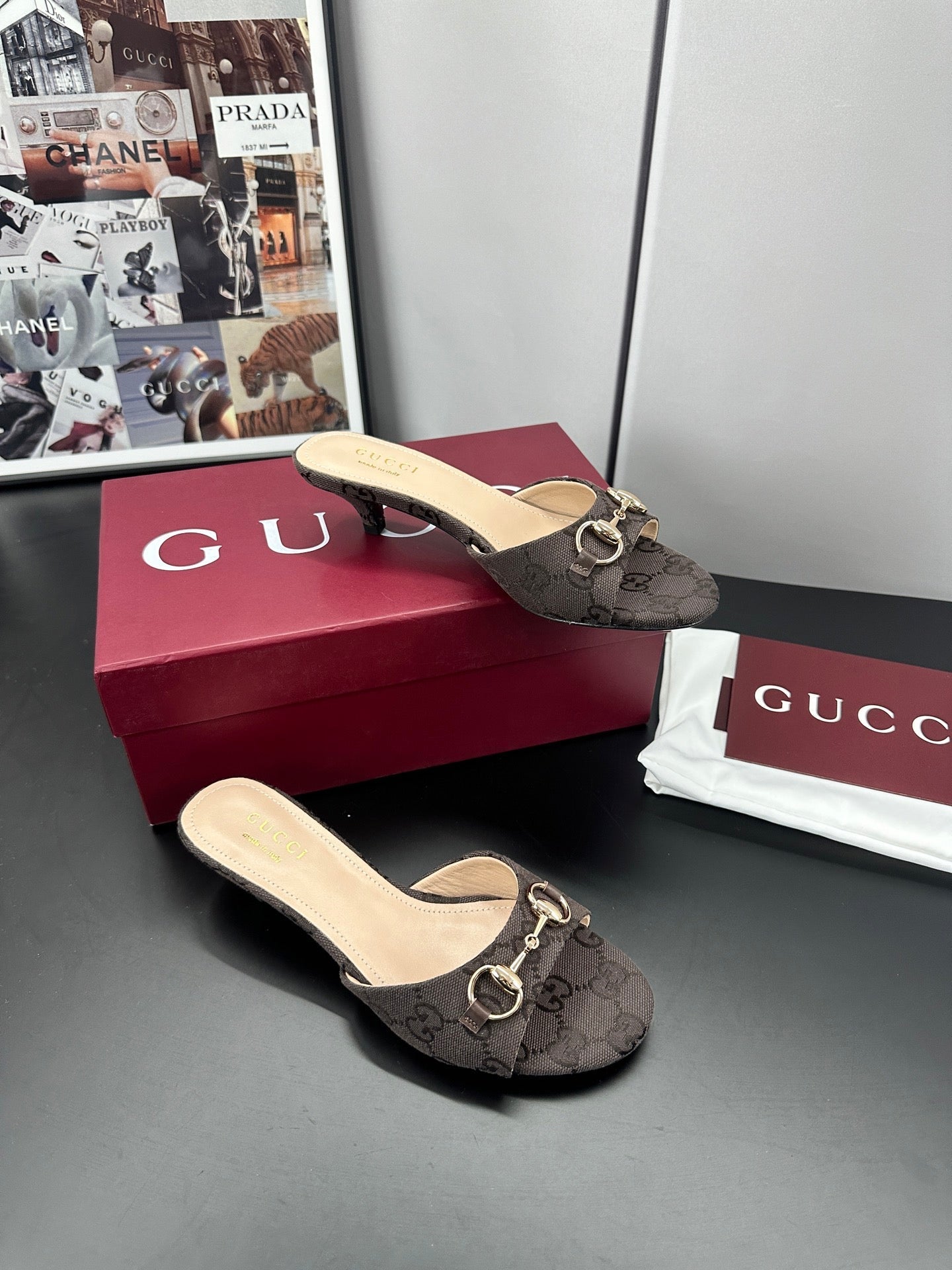 GUCCI 26S HIGH-HEELED SANDALS 50 MM IN DARK BROWN CANVAS mysite