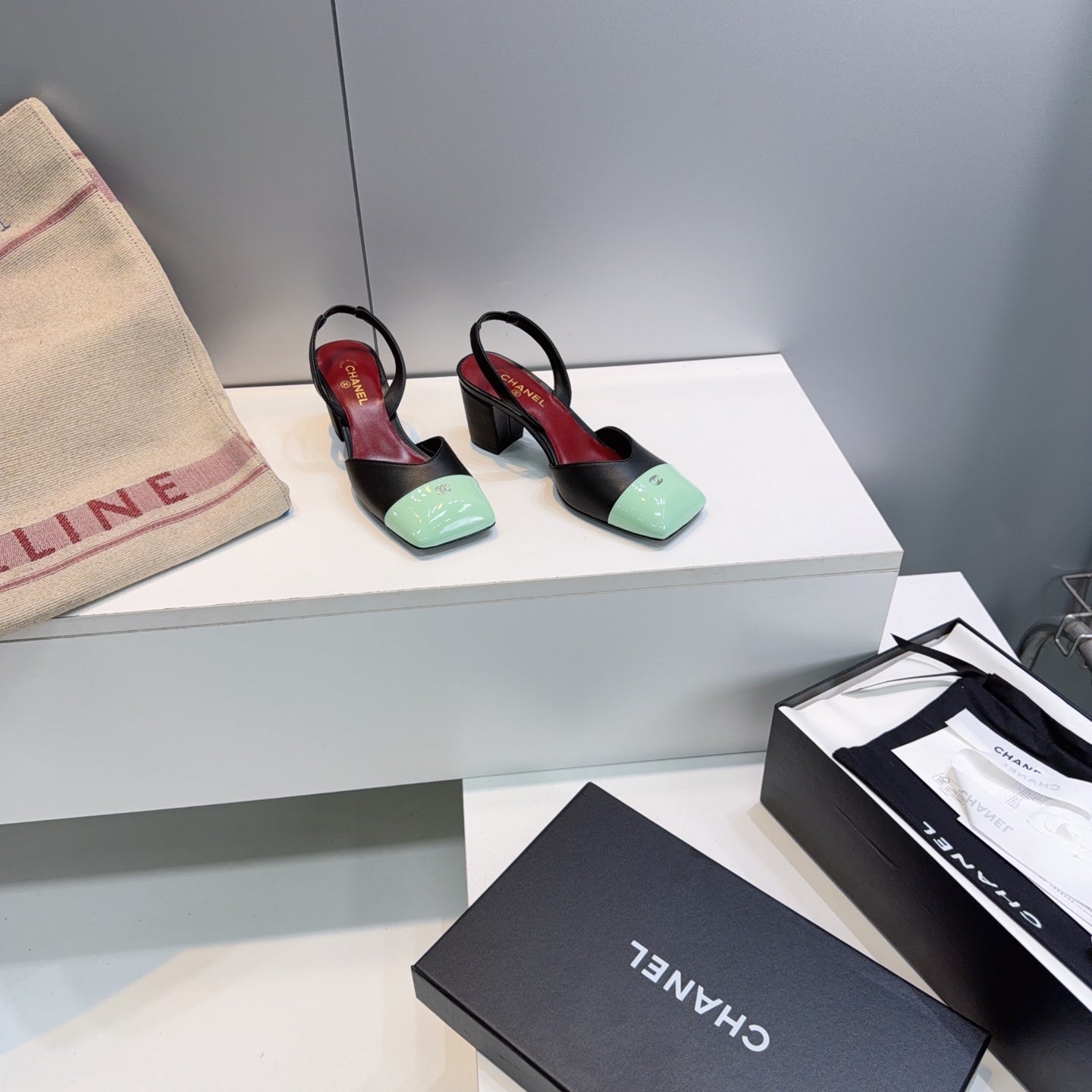 CHANEL 26S SLINGBACK 55 MM IN BLACK LAMBSKIN WITH MINT GREEN CAP TOE mysite