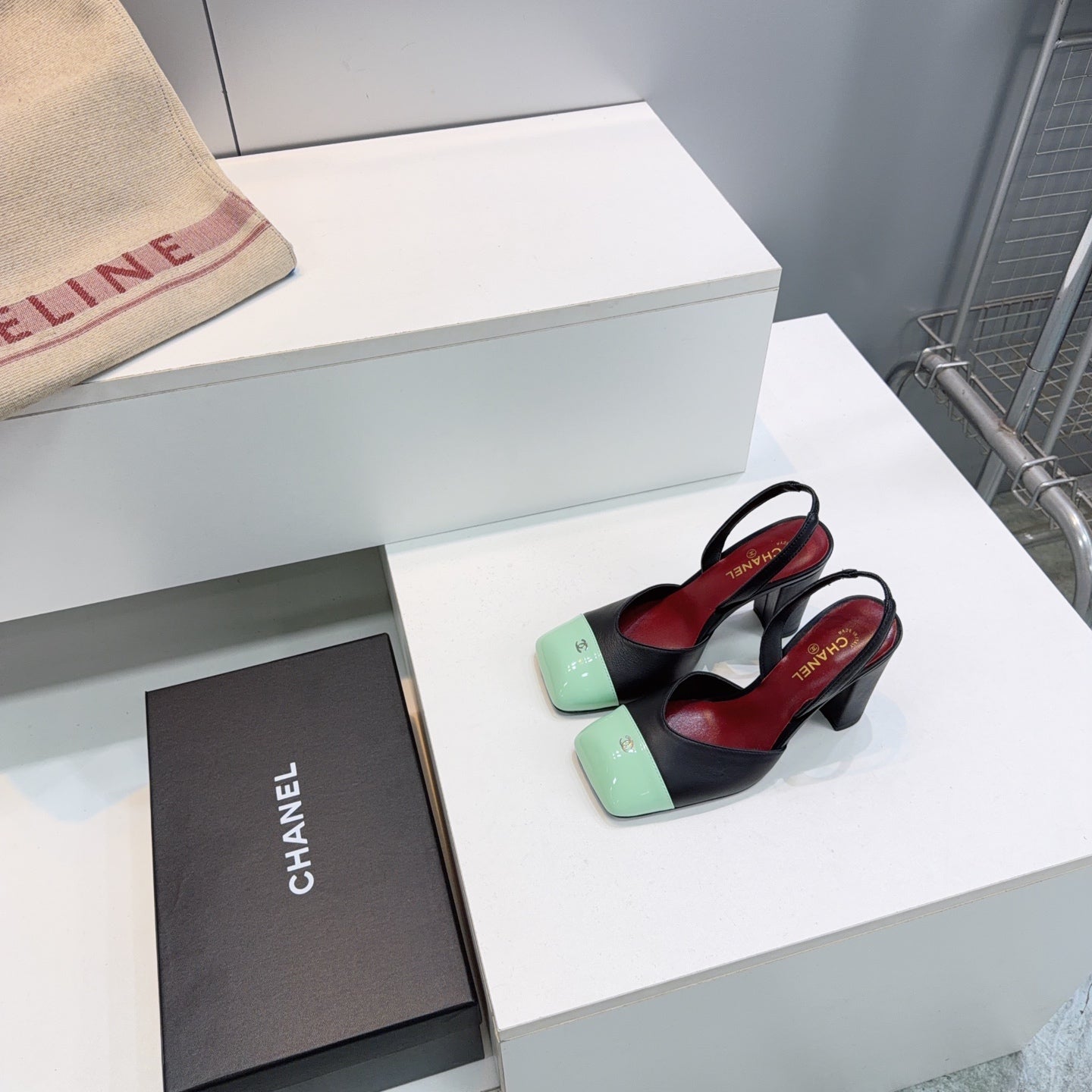 CHANEL 26S SLINGBACK 95 MM IN BLACK LAMBSKIN WITH MINT GREEN CAP TOE mysite