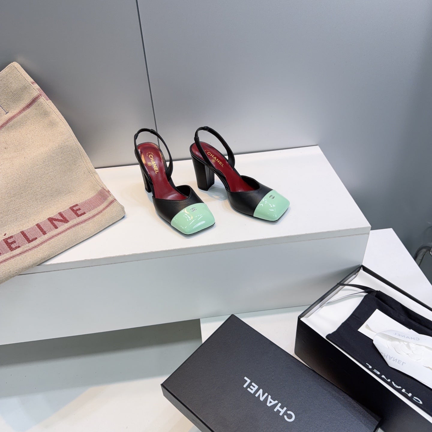 CHANEL 26S SLINGBACK 95 MM IN BLACK LAMBSKIN WITH MINT GREEN CAP TOE mysite