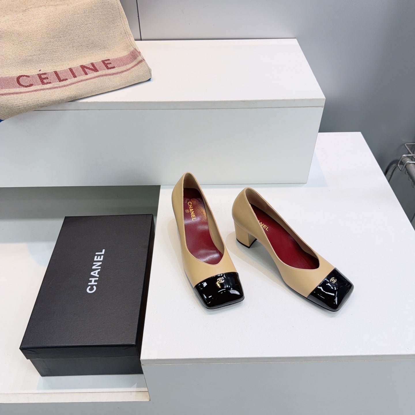 CHANEL 26S SQUARE-TOE HIGH HEELS 55 MM IN BEIGE LAMBSKIN WITH BLACK CAP TOE mysite
