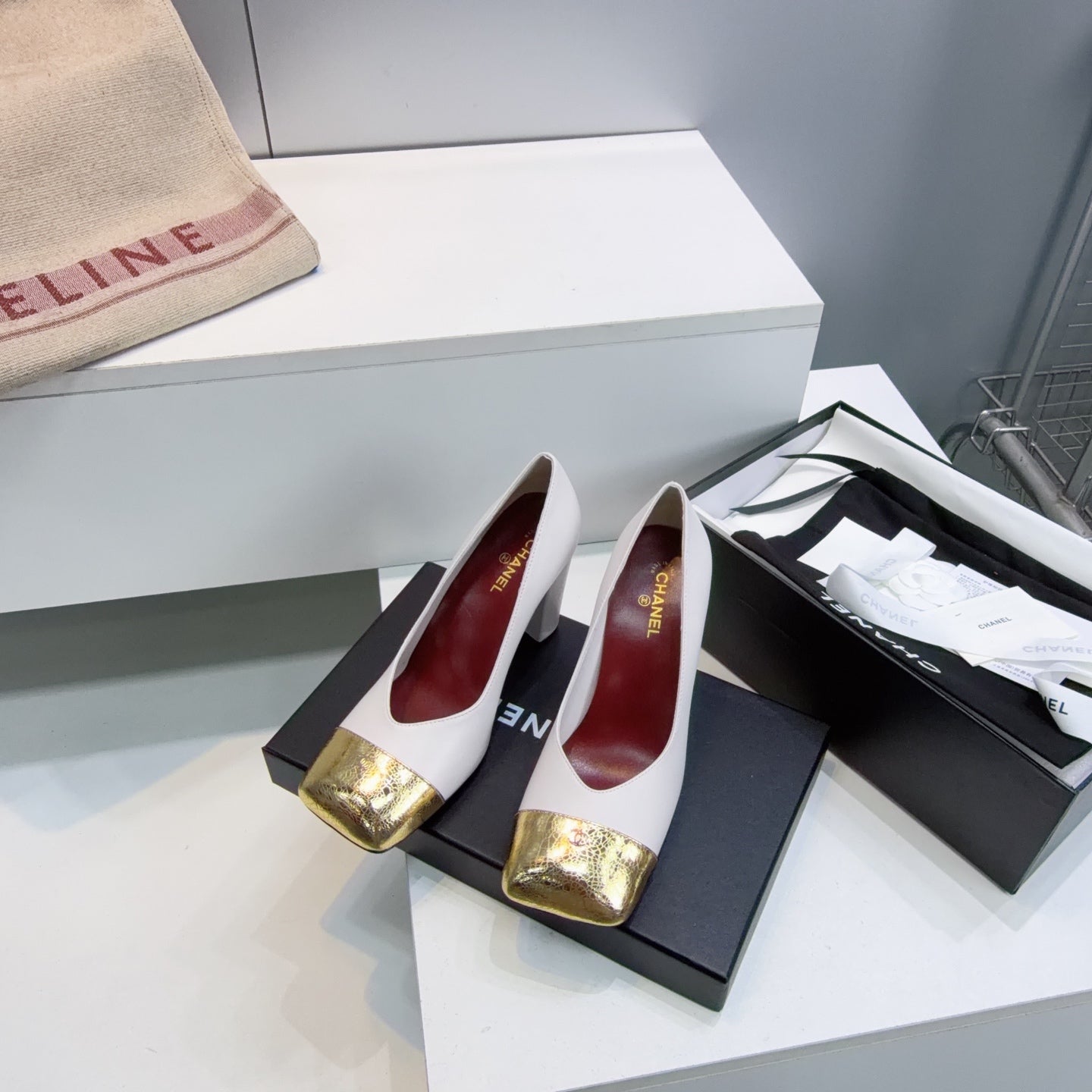CHANEL 26S SQUARE-TOE HIGH HEELS 95 MM IN WHITE LAMBSKIN WITH GOLD CAP TOE mysite
