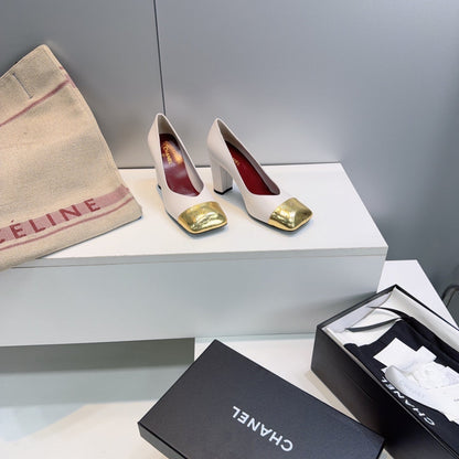 CHANEL 26S SQUARE-TOE HIGH HEELS 95 MM IN WHITE LAMBSKIN WITH GOLD CAP TOE mysite