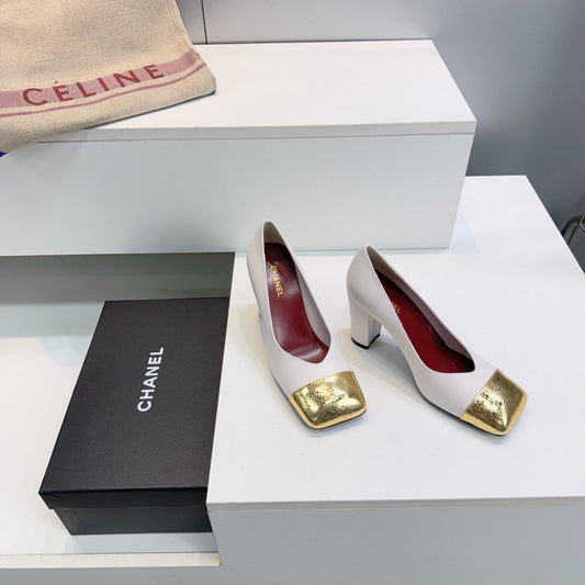 CHANEL 26S SQUARE-TOE HIGH HEELS 95 MM IN WHITE LAMBSKIN WITH GOLD CAP TOE mysite