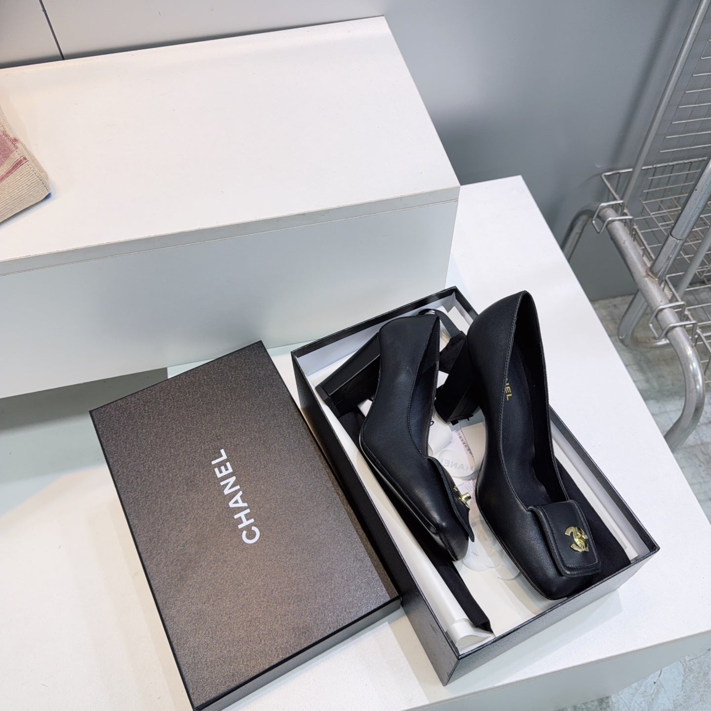 CHANEL 26S SQUARE-TOE HIGH HEELS 95 MM IN BLACK LAMBSKIN mysite