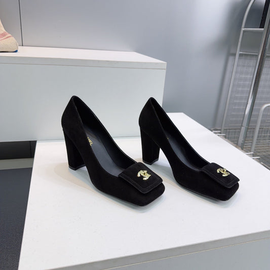 CHANEL 26S SQUARE-TOE HIGH HEELS 95 MM IN BLACK SUEDE mysite